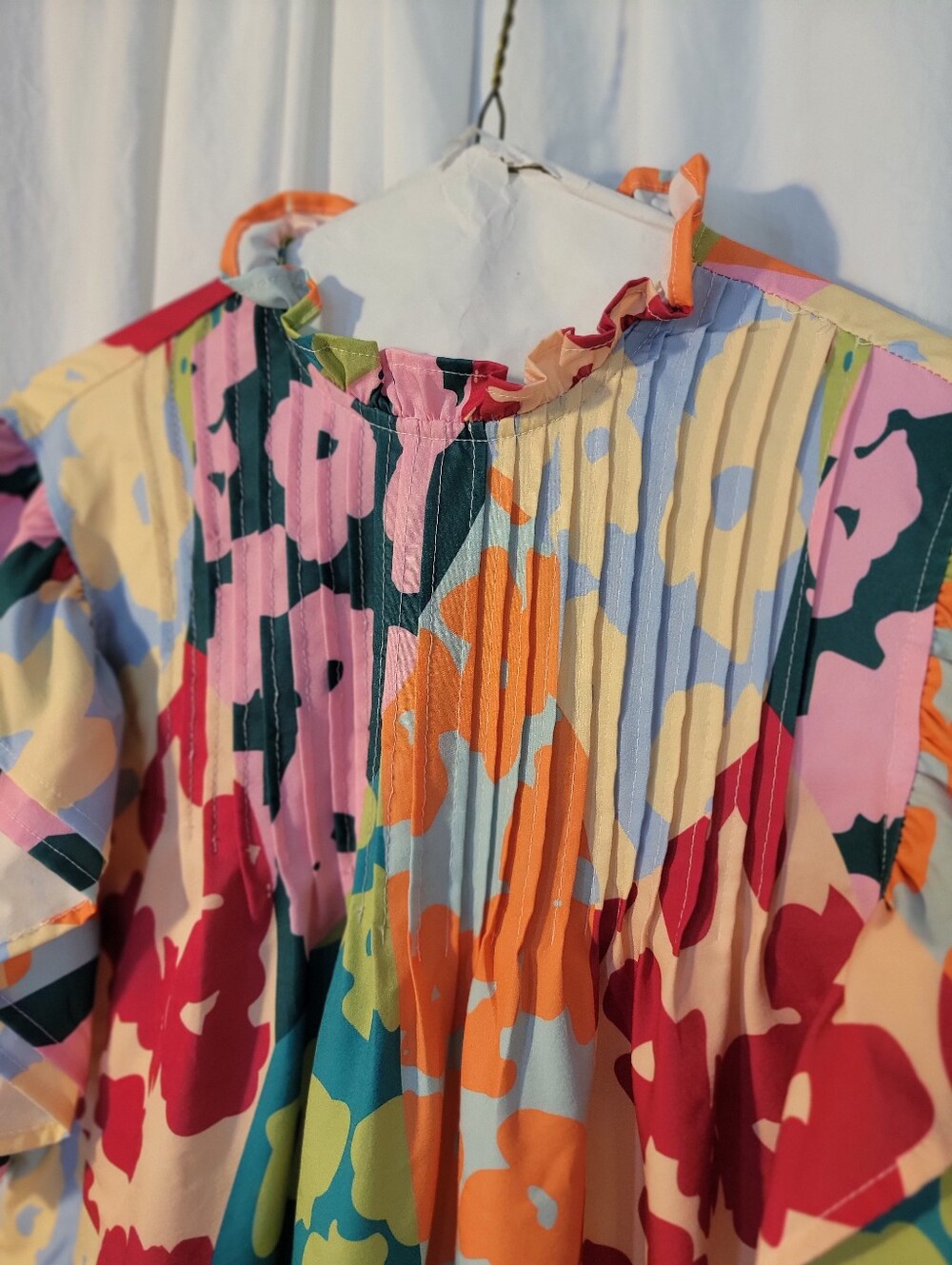Floral Ruffle Sleeve Pintuck Highneck Dress Top - Multicolor - Picture 3 of 7